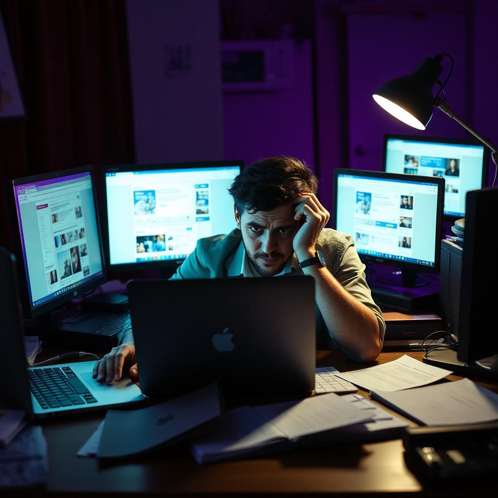 Overwhelmed business owner managing social media